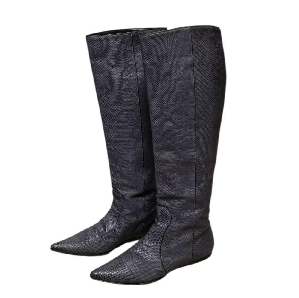 Devi Kroell Black Python Knee High Boots Genuine Snakeskin Flat Riding Boot 37/7